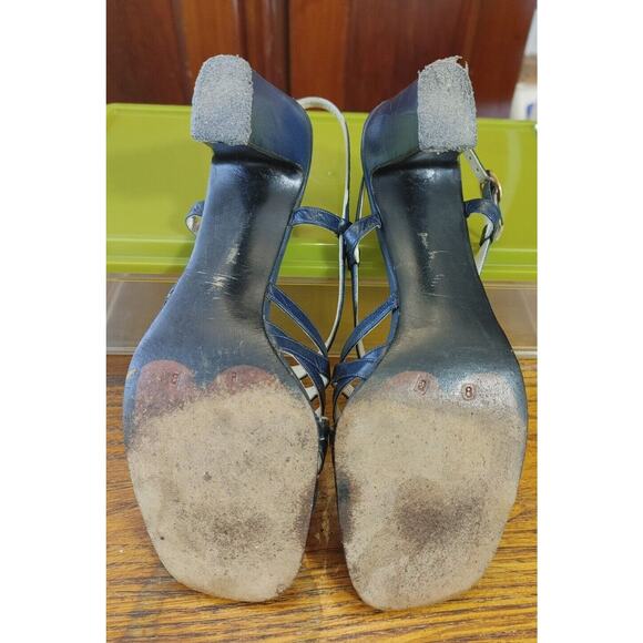 Luxe Retro Vintage Imported Mikelos Athens, Greece 8 N Navy Sandals Heels Chic - Picture 10 of 10